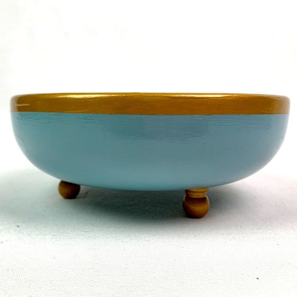 Wood Bowl Hand Painted Glossy Gold French Blue Footed Jewelry Trinket Dish - Picture 3 of 9